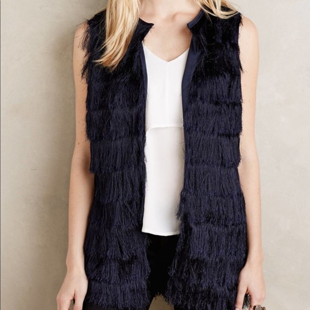 Anthropologie Eva Franco Navy Blue Tiered Eyelash Fringe Layering Vest Statement